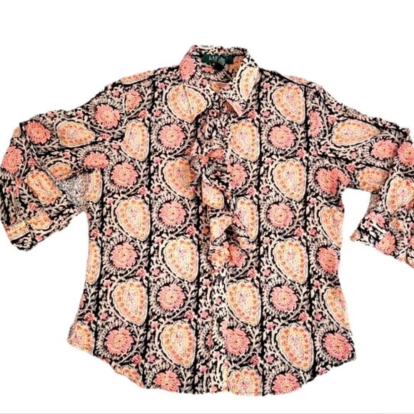 EC LAUREN RALPH LAUREN PETITE 100% COTTON BLOUSE WITH RUFFLE SZ.P/M - Picture 1 of 5